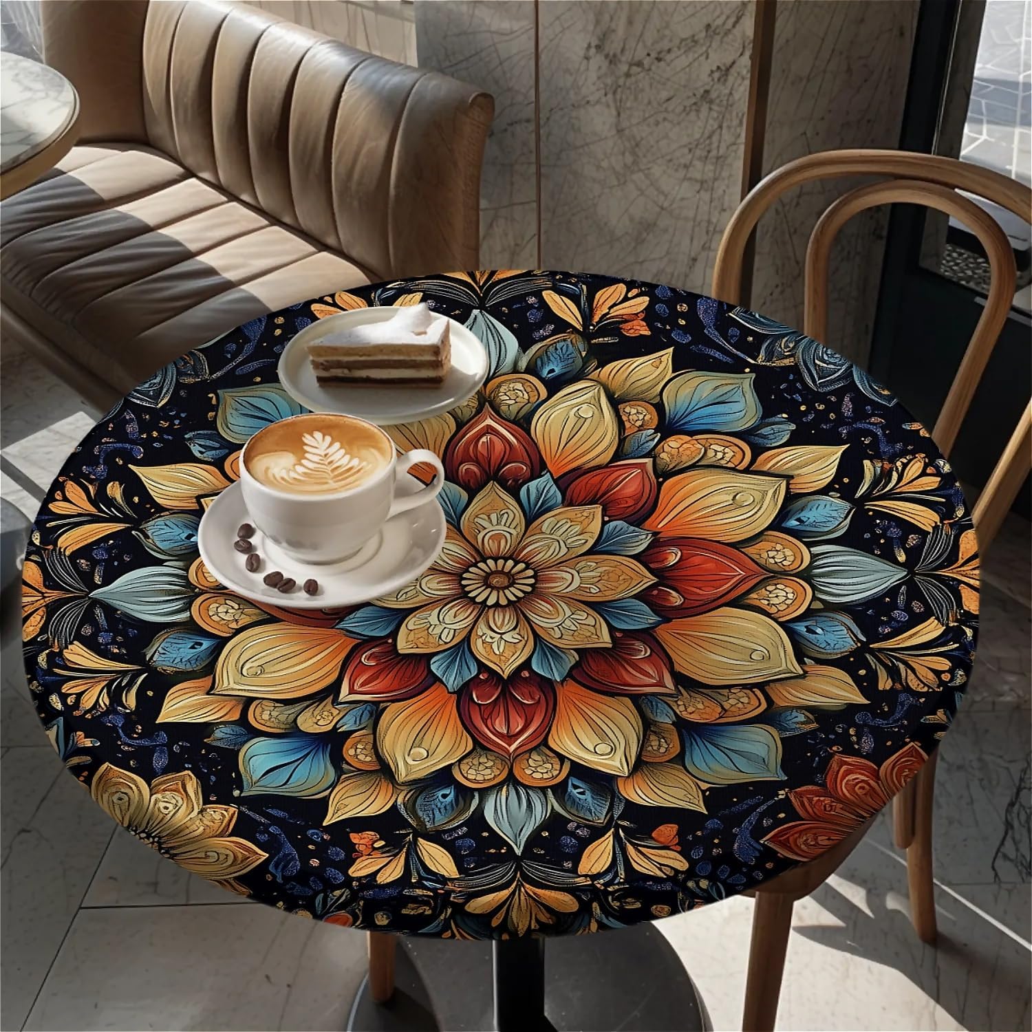 Elastic Tablecloth for Round Tables, Waterproof Tablecover for Up to 37"-44" Round Table, Dining Tablecover for Indoor and Outdoor, Holiday, Boho