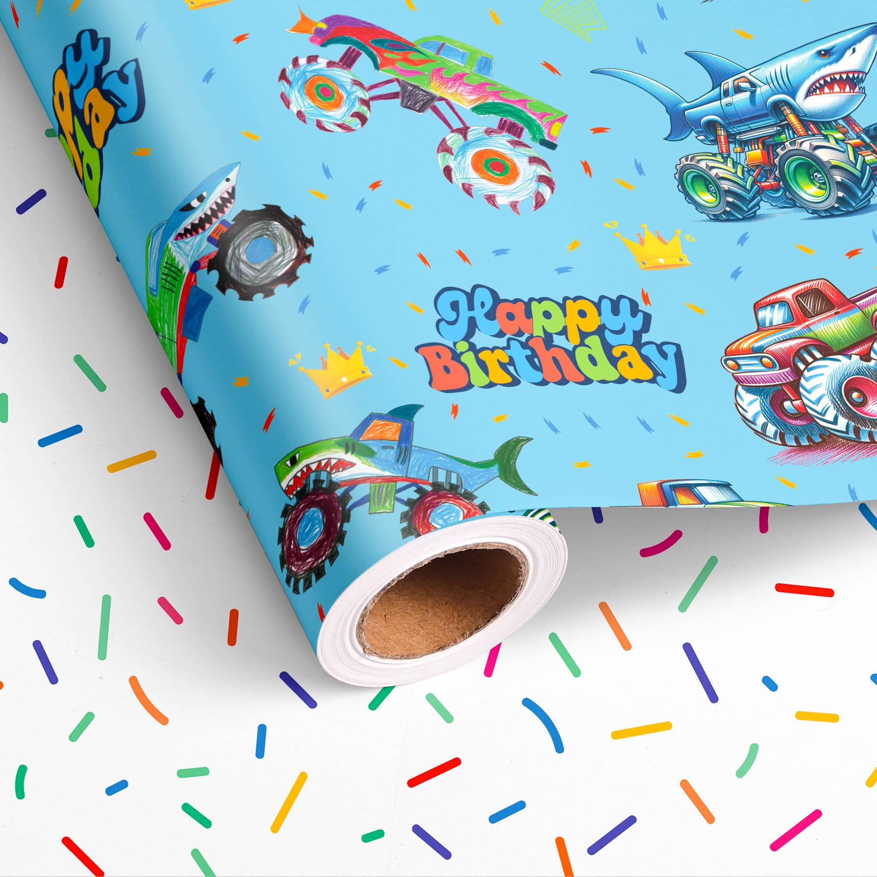 Vnaaem Rouleau de papier cadeau d'anniversaire réversible pour garçons et enfants – Motif camion monstre requin bleu et confettis colorés pour vacances, fête prénatale, fête artisanale – 43,2 cm x 6,1