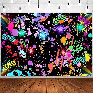 7x5ft Neon Glow in The Dark Backdrop Graffiti Splash Paint 80s 90s Theme Birthday Photography Background Lets Glow Crazy Retro Disco Neon Party Decorations Banner Photo Booth
