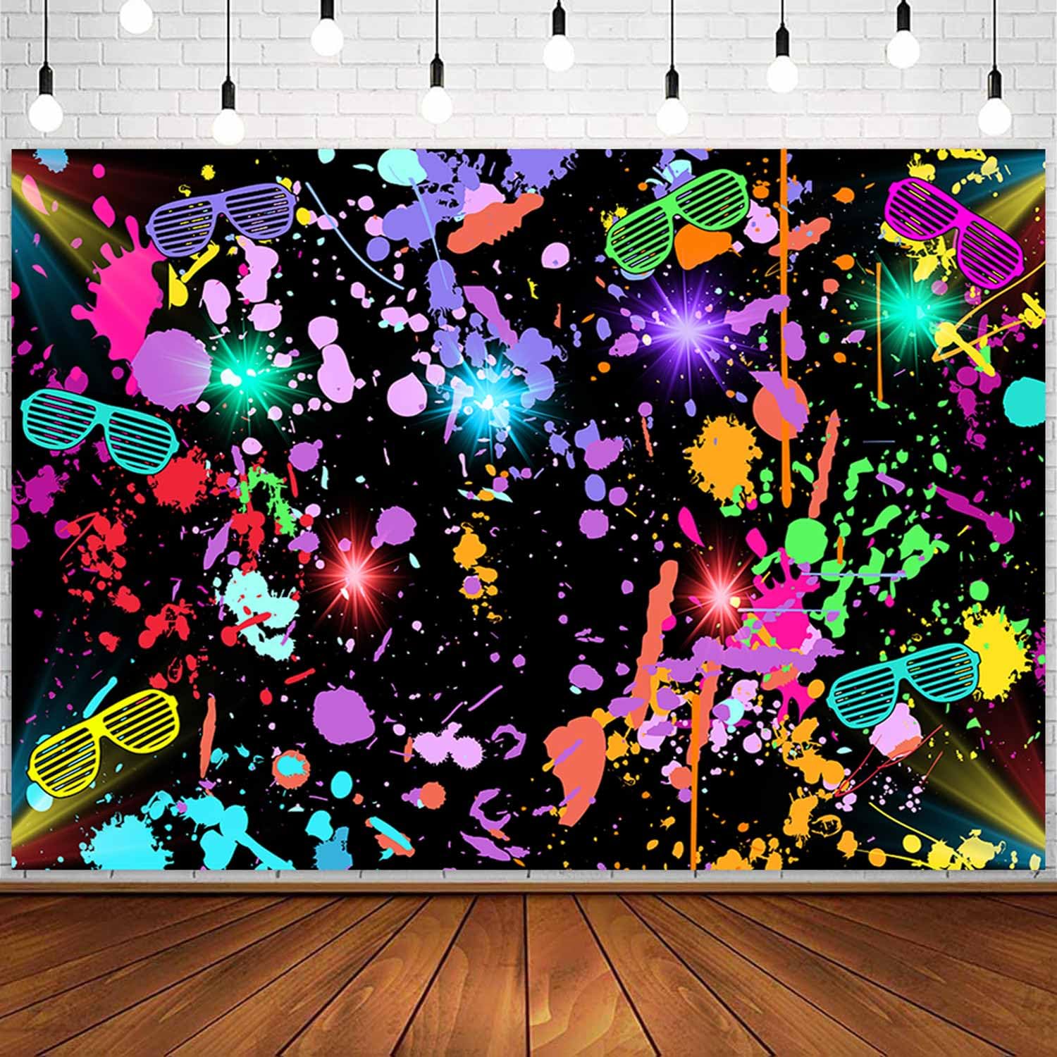 Ayayiya 7x5ft Neon Glow in The Dark Backdrop Graffiti Splash Paint 80s 90s Theme Birthday Photography Background Let's Glow Crazy Retro Disco Neon