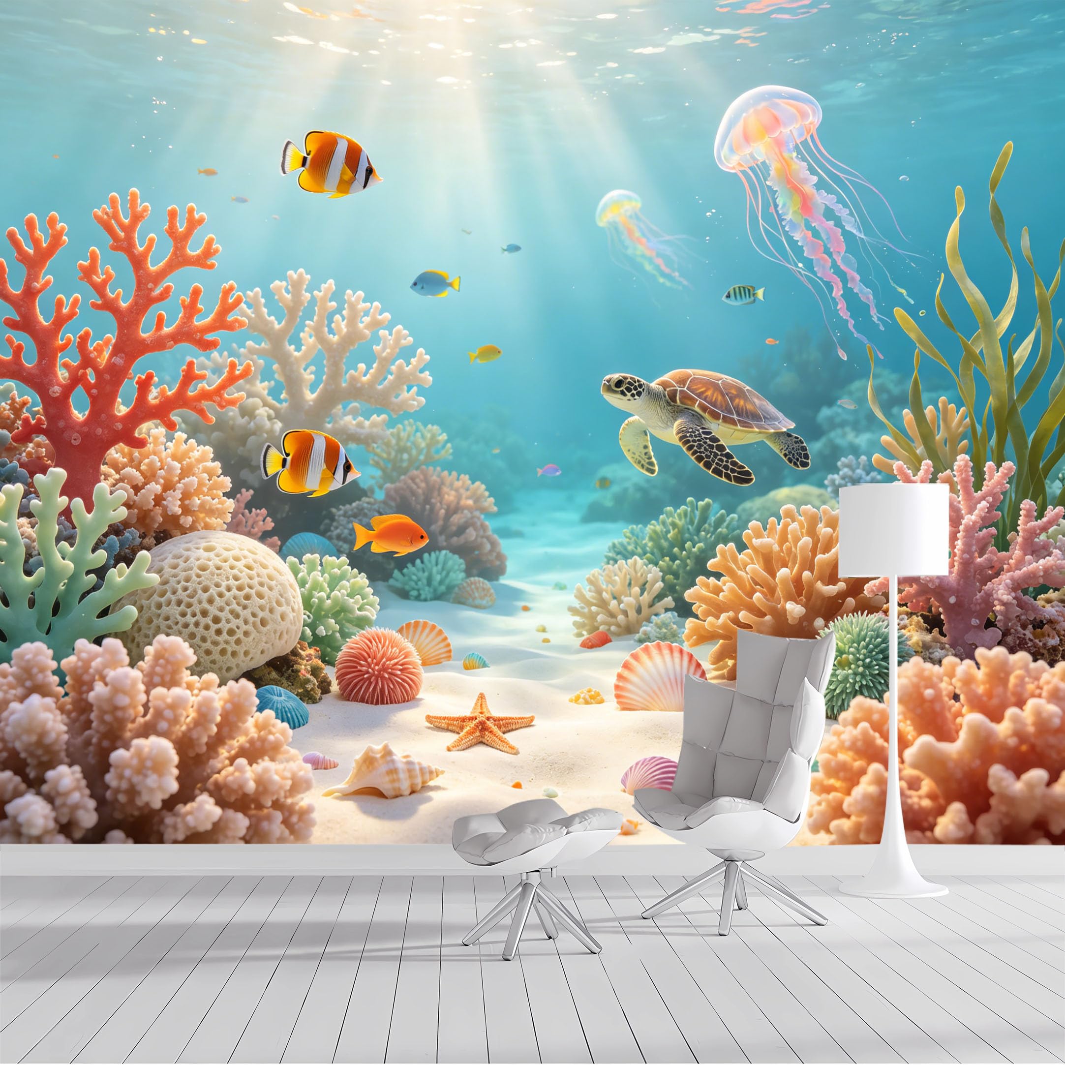 Custom Size Wall Mural Tropical Coral Reef Underwater Ocean Marine Life Seahorse Jellyfish Fish Turtle Realistic Watercolor SelfAdhesive Wall Fabric Removable Wallpaper for Living Room
