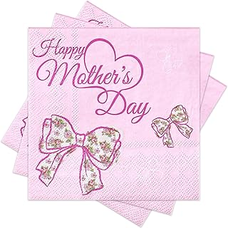 RUSPEPA 50 Pcs Pink Flower Bows Napkin Paper, 3 Ply Disposable Floral Bow with "Happy Mother's Day" Deisgn Luncheon Cocktail Dinner Paper Napkins for Mother's Day, Mom's Dinner Decoration, 5 x 5 Inch