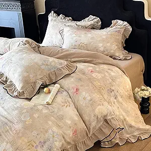 Ruffle Duvet Cover Queen Muslin Cotton Vintage Flower Duvet Cover Soft Breathable Linen Like Gauze Bedding Set for Girls-Ivory