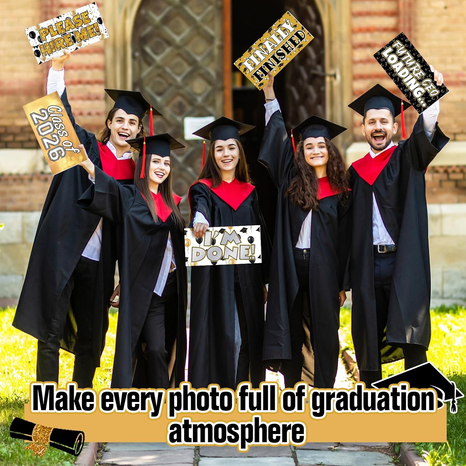 Beeveer 24 Designs 2026 Graduation Photo Booth Props Double Sided 11x5.51'' Graduation Party Decoration Gold Black Picture Props for Photoshoot Supplies Waterproof Selfie Signs PVC for Party Supplies