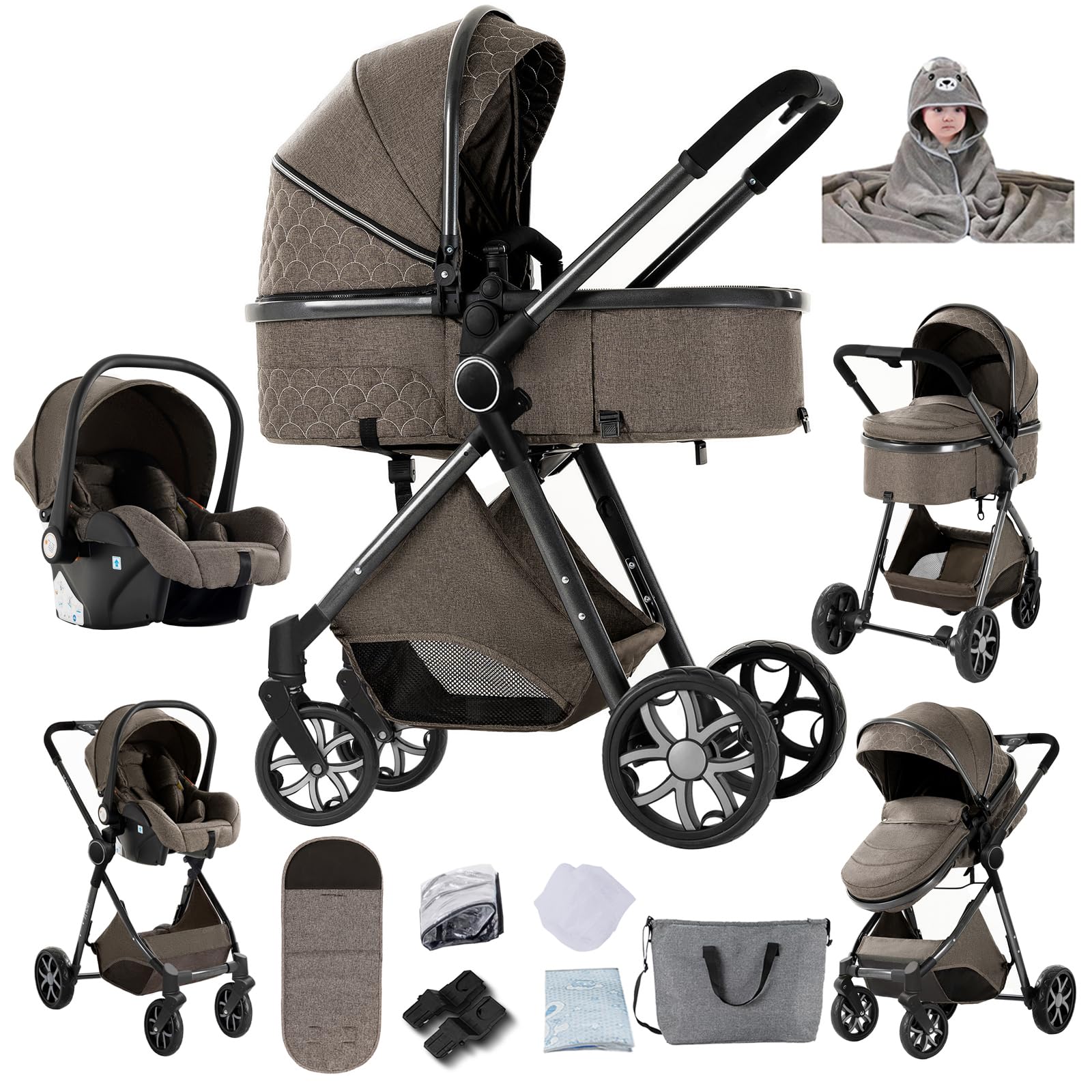 Magic ZC Carrito Bebe 3 en 1, Carrito Bebe con Diseño Portátil Plegable de Un Clic, Carro 3 Piezas con Empuje Reversible de Dos Vías, Cochecito Tres Piezas con Accesorios (YV9 Chocolate)