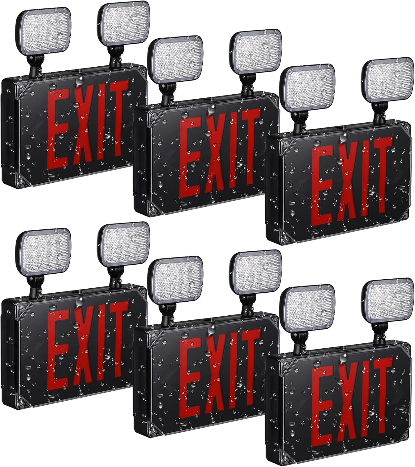 LEONLITE LED Exit Light, Wet Location Exit Sign with Emergency Lights, UL Listed, Outdoor Hardwired Red Letter Exit Sign with Battery Backup, 2 Dual Heads, Double Face, AC 120/277V, White