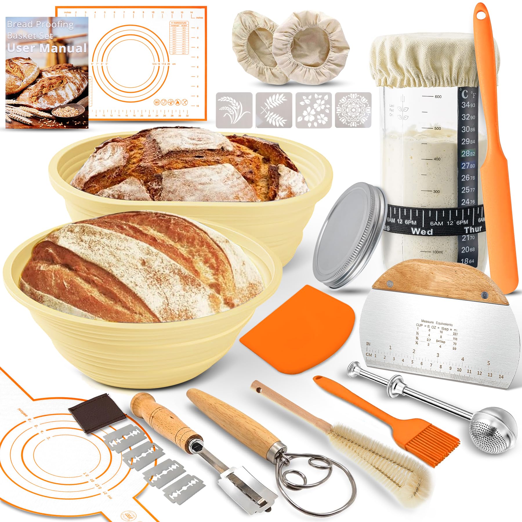 Sourdough Bread Starter Kit – Complete Baking Set with 2 Silicone Proofing Baskets, 34oz Starter Jar, Sourdough Tools, Bread Sling, Silicone Baking Mat, Dough Whisk, Scrapers, Bread Lame & Accessories