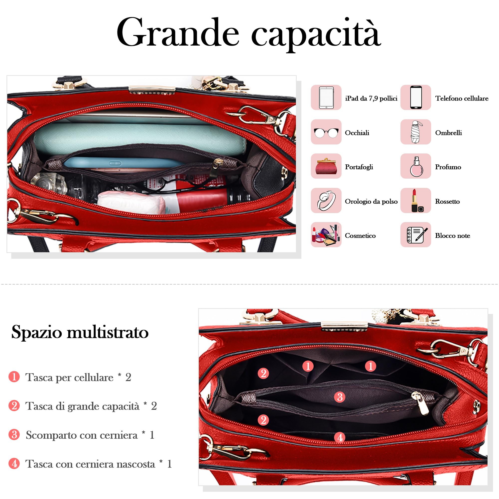 Borsa Donna Borsa a Mano - Media Moda Ornamenti Multitasche Pelle PU Impermeabile Leggera per Lavoro Quotidiano Viaggio Casual Shopper Rosso Ciliegia