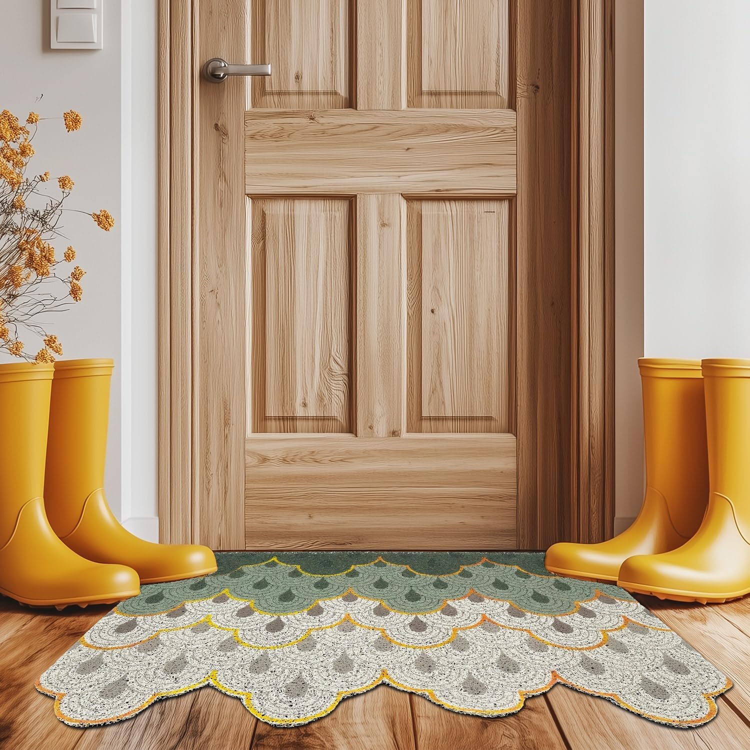 Green Wave Entrance Door Mat, Japanese Style Ukiyo-e Doormat, Anti Skid PVC Coil Rug for Home, Washable Entryway Floor Carpet