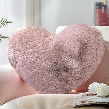 YRXRUS Heart Pillows, Love Heart Shaped Pillow, Small Cute Dusty Pink Heart Pillows for Gifts, Faux Rabbit Throw Pillows for Her, Kids, Girls Home Decoration, 10X11 Inch