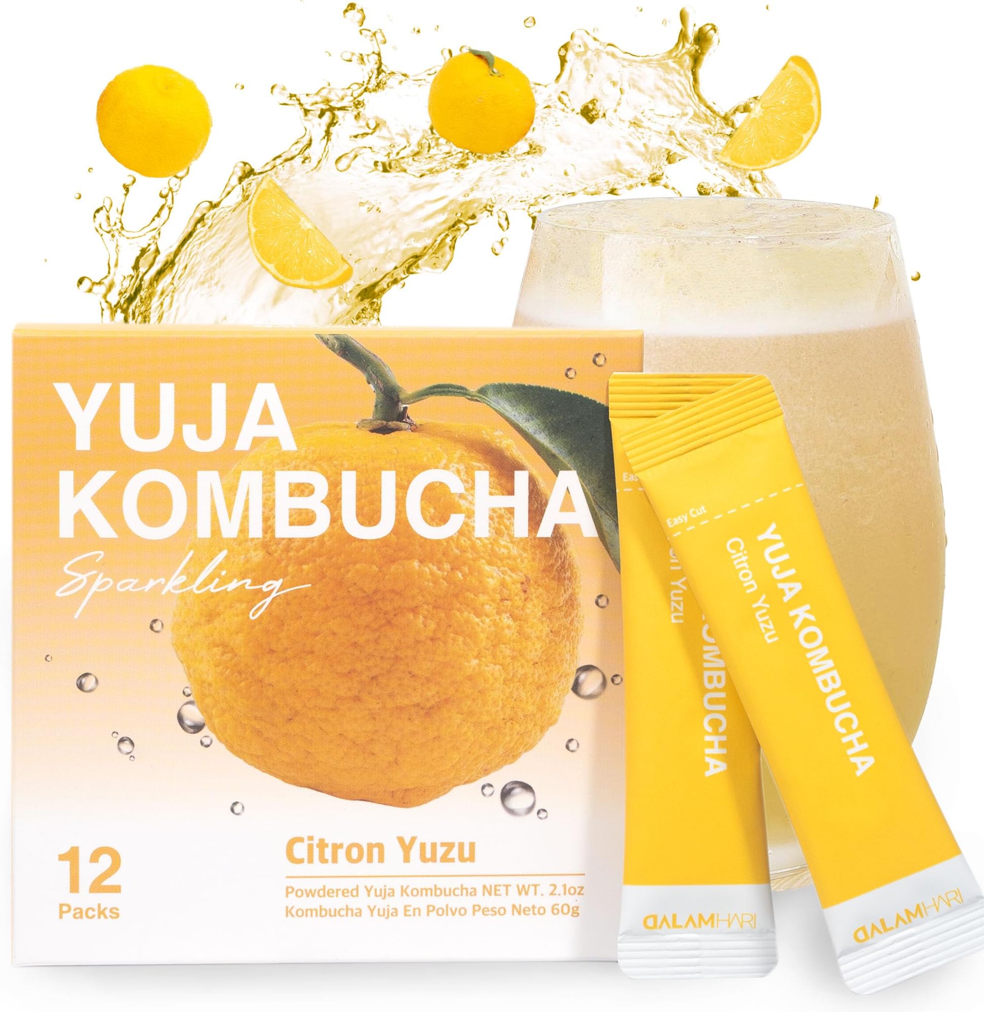 DALAMHARI Yuzu SUPER Kombucha Powder Tea | 15kcal Scoby Fizz Sticks Urban Remedy Hydrant Powder Packets Switch Drink Health Ade Synergy Kombucha Kambutcha, 12 Counts
