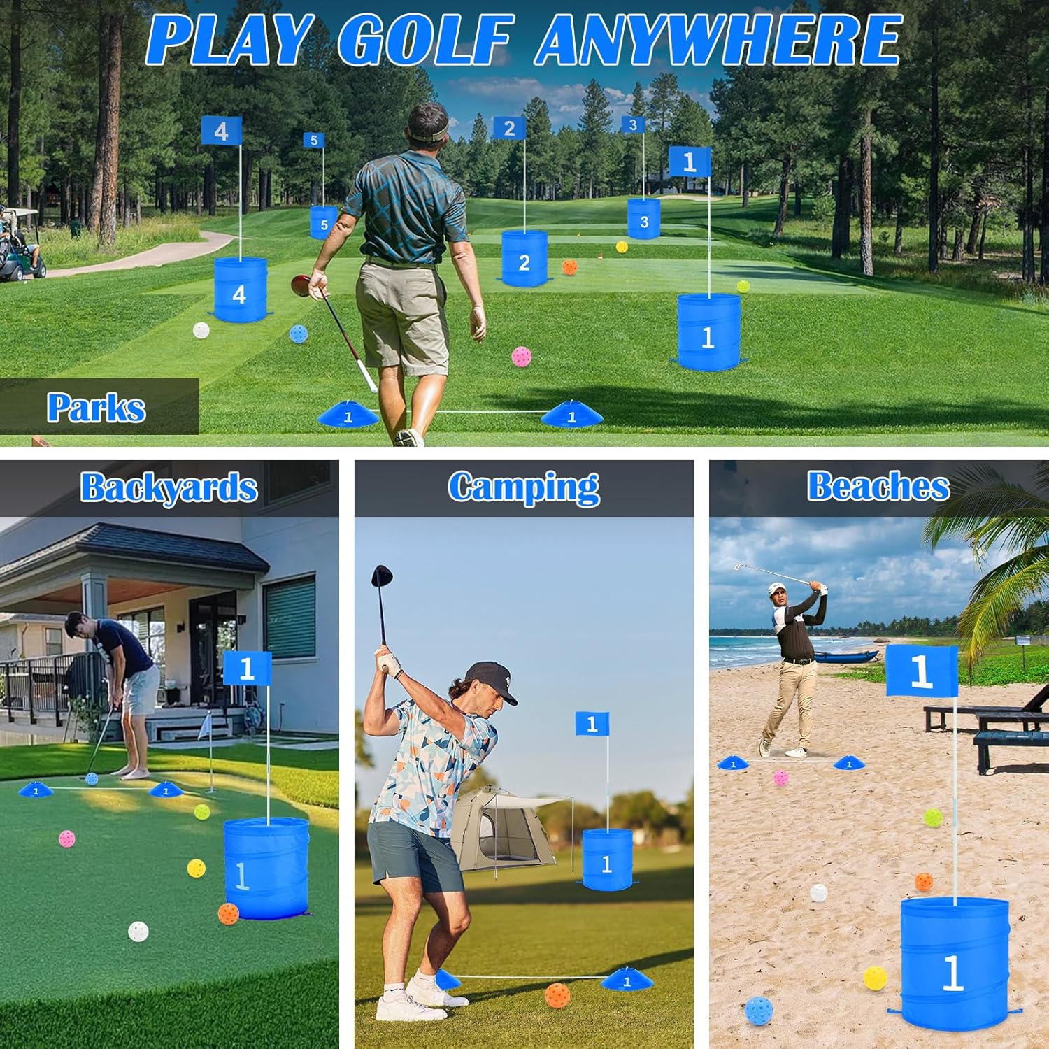 deAO Golf Yard Game Backyard Games for Kids Adults, Portable 6 Holes Golf Course with Balls and Flag, for Outdoor Indoor Lawn Park Camping Beach (Blue)