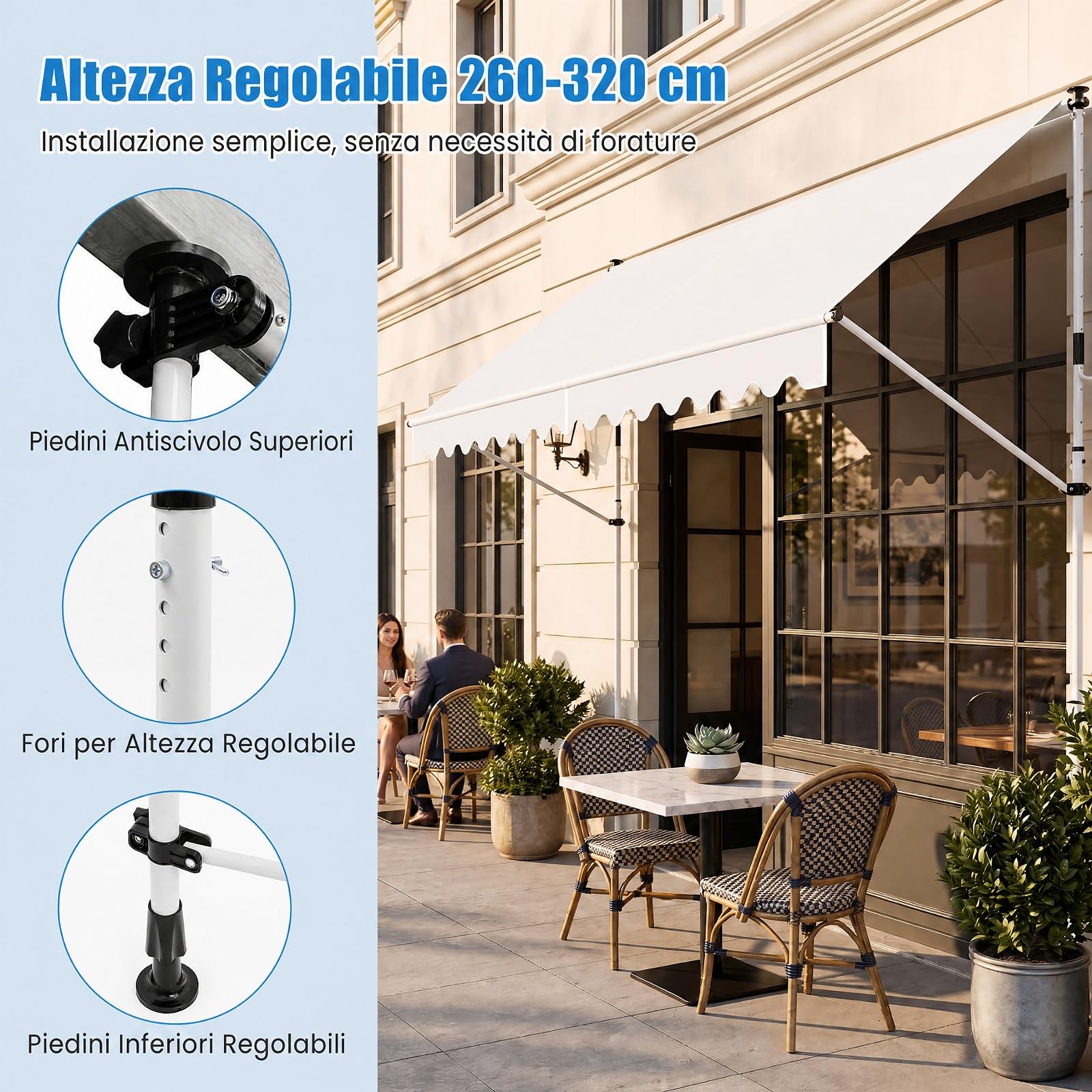 COSTWAY Tenda da Sole a Morsetto, Tenda per Balcone Senza Foratura Altezza e Inclinazione Regolabili con Manovella, Telo Impermeabile e Resistente ai Raggi Solari e Telaio Antiruggine (4M,Bianco)