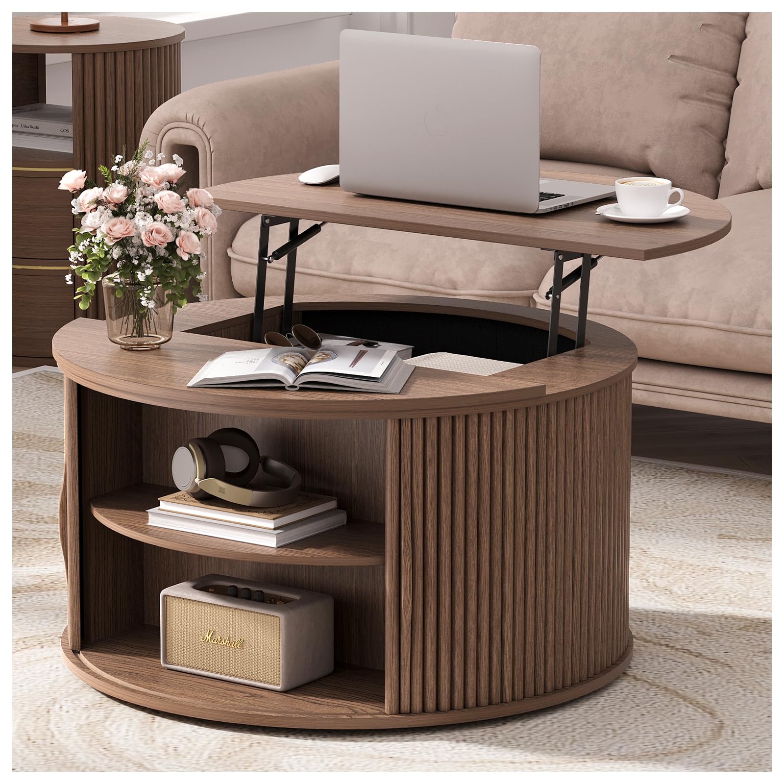 JOINICE,Round Coffee Table with Storage, 31.5" Fluted Center Table for Living Room, Modern Walnut Wood Circle Drum Table with Sliding Cabinet Door, Mid Century Furniture for Small Space — view 23