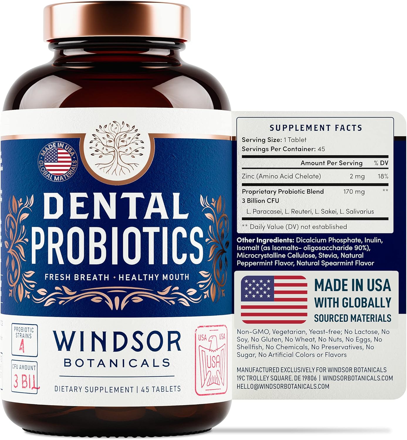 Dental Probiotics Bad Breath Treatment by Windsor Botanicals - Chemical-Free, 3 Billion CFU - L Paracasei, Reuteri, Sakei, Salivarius for Balanced Oral Health - 45 Mint Tablets : Health & Household