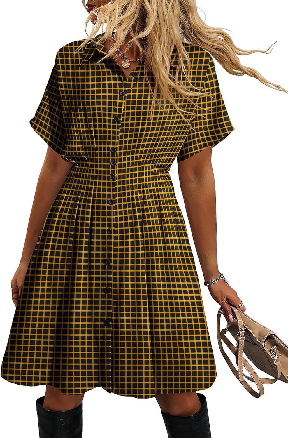 Dokotoo Women's Shirt Dress Casual Button Down Short Sleeve Collared Dresses Summer Shirred High Waist Plaid Gingham Dress - Image 4