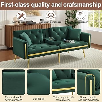 ModernLuxe Sofa Bed with Adjustable Backrest, Gold Accents & Built-in Cup Holders, Convertible 2 Seater Sofa, Comfortable Space-Saving Daybed for Living Room or Bedroom, Velvet, Green