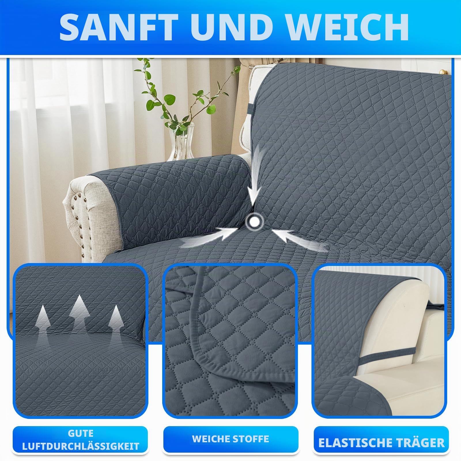 Wasserdicht Sofabezug L Form 2 Sitzer, Couch Überzug L Form Mit Armlehne rutschfest, Ecksofa Bezug Rechts/Links Universal Für Hund Katze, Graublau