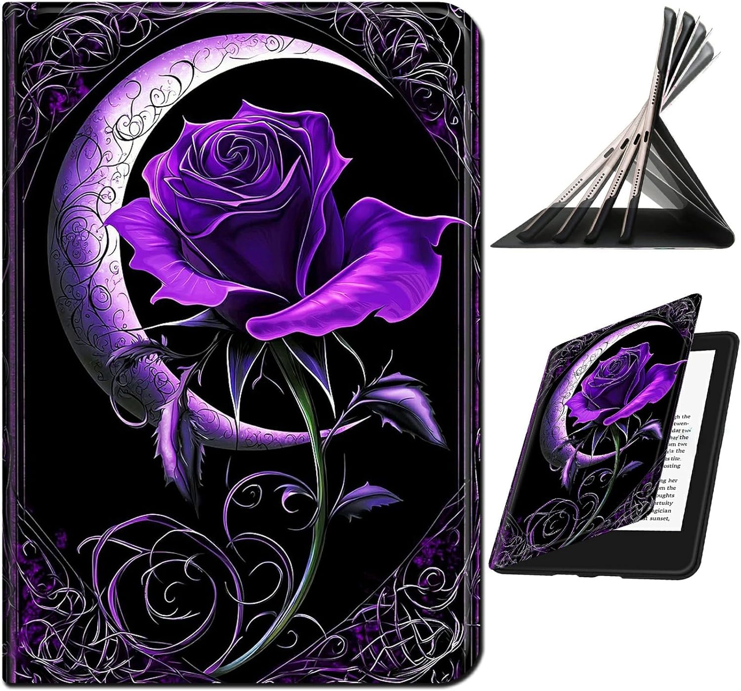 for All-New Amazon Kindle Fire HD 8 & 8 Plus(12th/10th Generation, 2024/2022/2020) Case, Shockproof Smart Protective Multi-Angle Viewing Tablet Cover with Auto Sleep/Wake, Purple Moon Rose