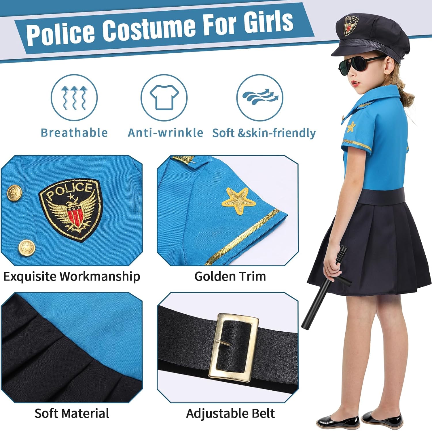 Miniatura 4 de Toylink Disfraz de policía para niñas, disfraz de policía para Halloween, juego de rol, disfraz de policía con accesorios de juguete