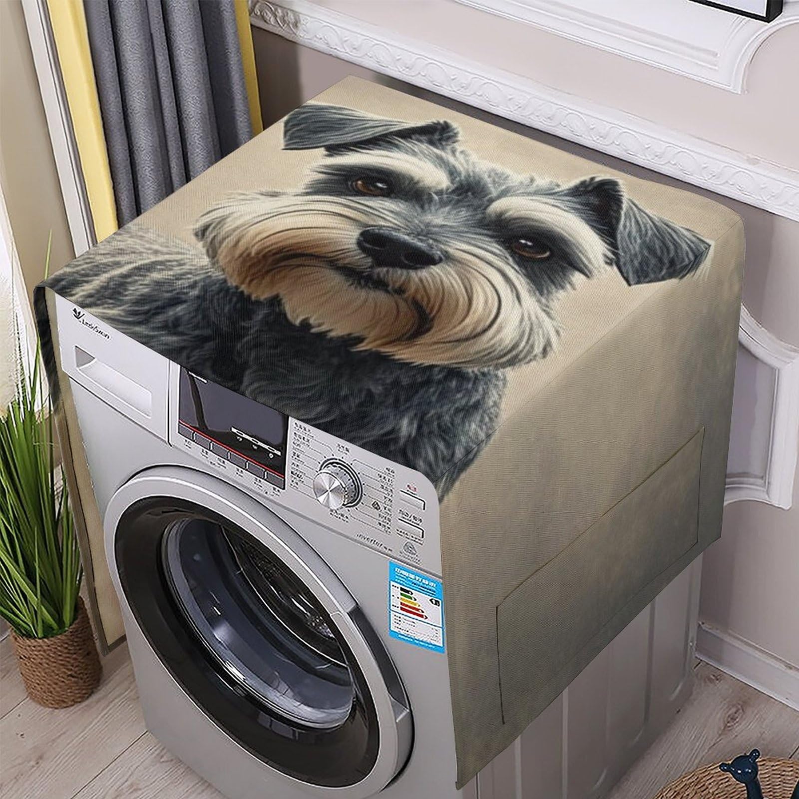 Fodpand White Washing Machine Cover For Top Load Dustproof Schnauzer Washer And Dryer Cover With Storage Pockets Household Appliance Covers Washable Top Protector Mat Pad For Laundry & Kitchen