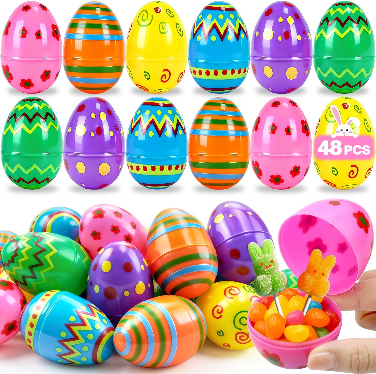 48 PCS Easter Eggs，Plastic 3" Bright Colorful Eggs, Easter Egg Fillers for Easter Egg Hunt, Candy Filling, Party Decorations and Kids Gifts