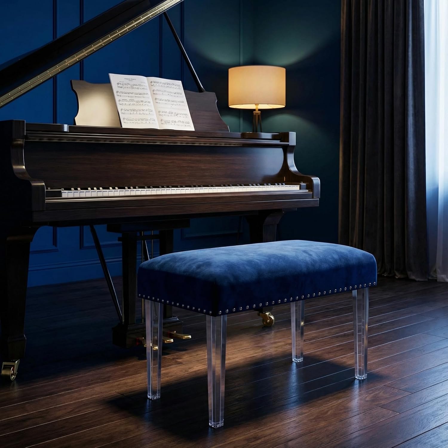 Cortesi Home Whitecrest Bench Ottoman with Clear Acrylic Legs 24", Blue Velvet