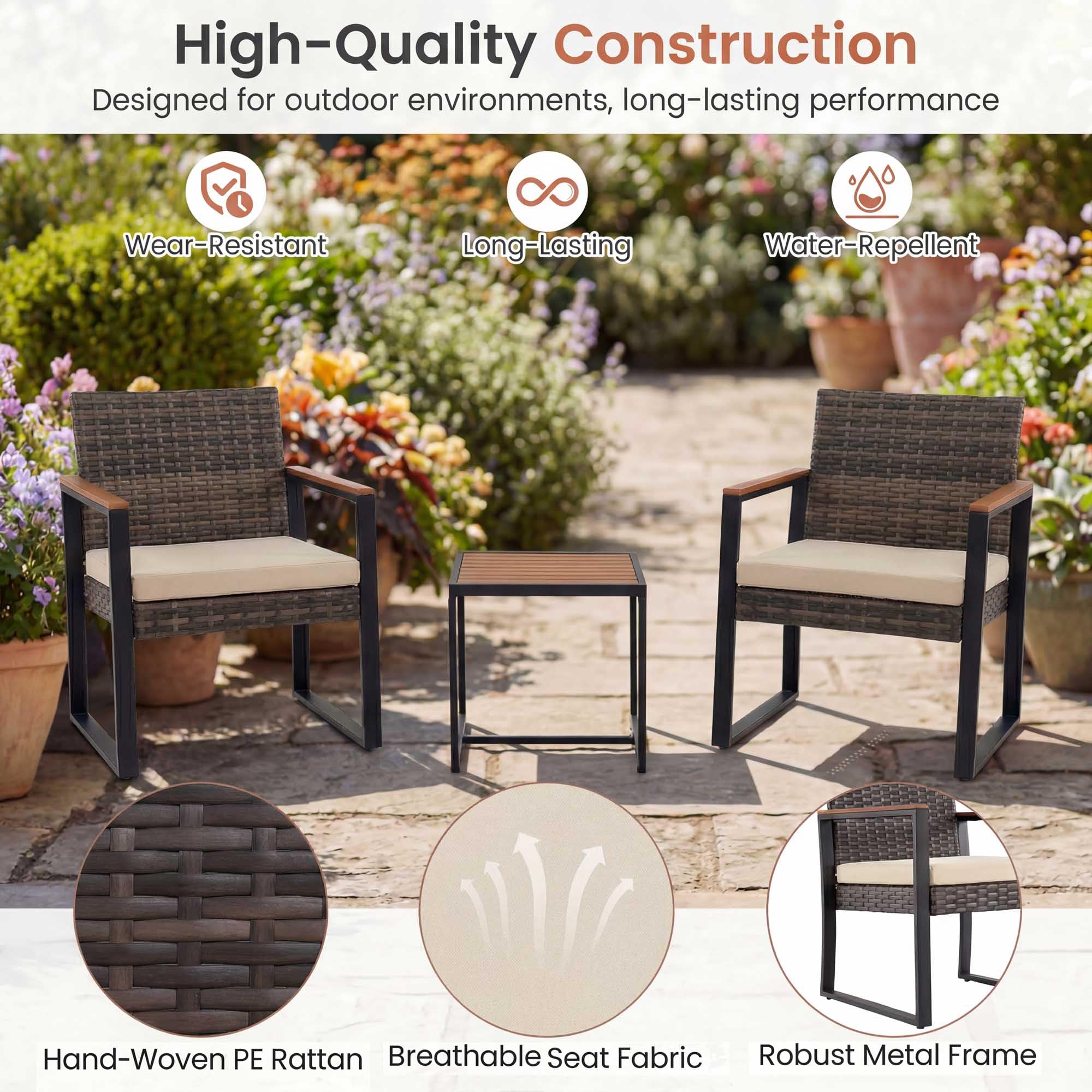 LIFEZEAL Set Tavolo e Sedie da Giardino 3 Pezzi, in Rattan PE e Metallo, Salotto da Giardino 2 Persone con 1 Tavolino da Caffè, 2 Divanetti e Cuscini, Set da Bistrò per Balcone, Terrazzo (Bianco)