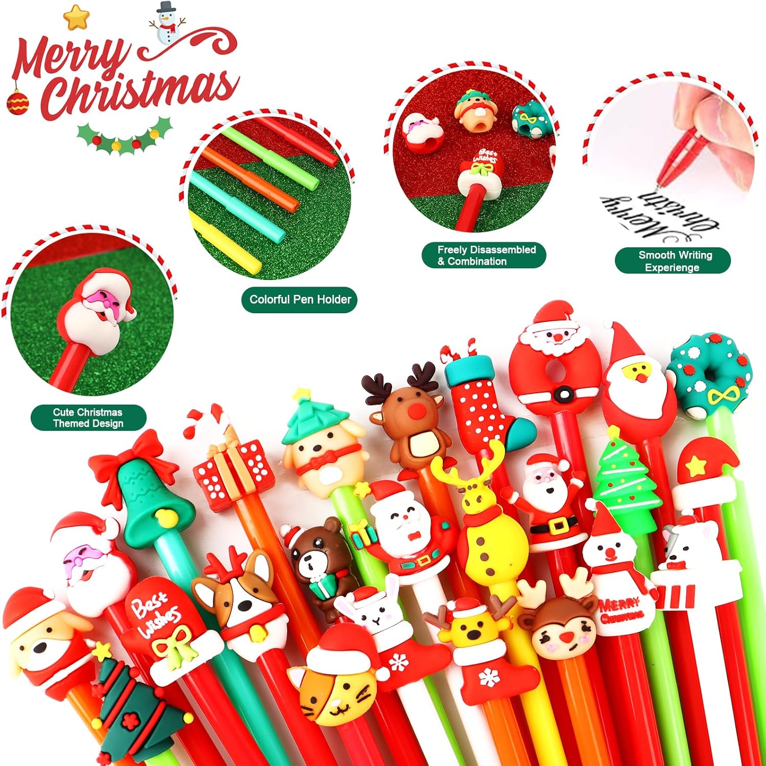 Mluchee 100 Pack Christmas Pens Bulk Gel Ink, Candy Cane Pens, Donut Pen Winter Themed Parties Cute Cartoon Xmas Tree Claus Snowmans Pen for Holiday Party Favors Office, 25 Styles