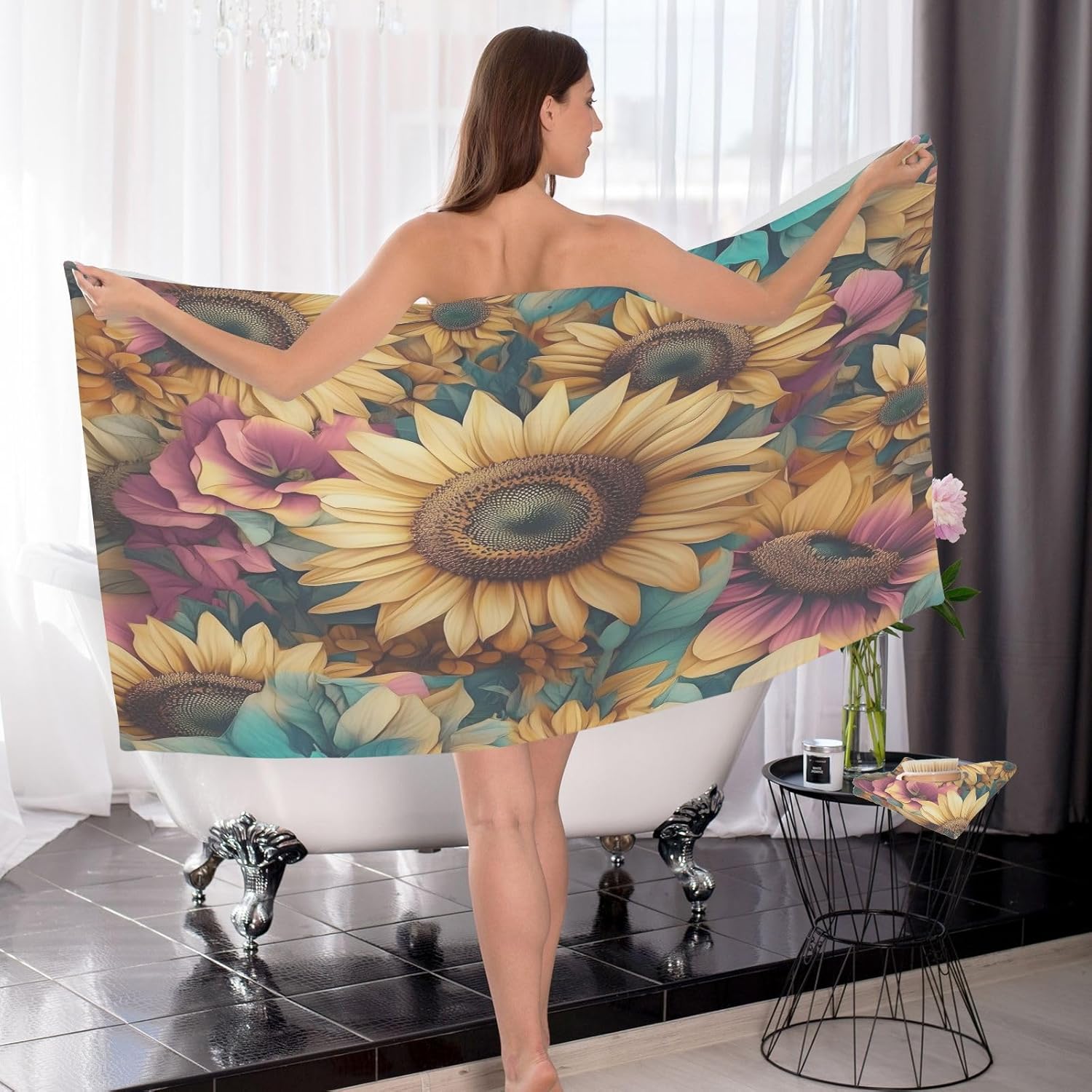 Sunflower Bath Towels Cotton Soft Absorbent Quick Dry Bath Towel Set of 2 for Home Hotel Bathroom Spa