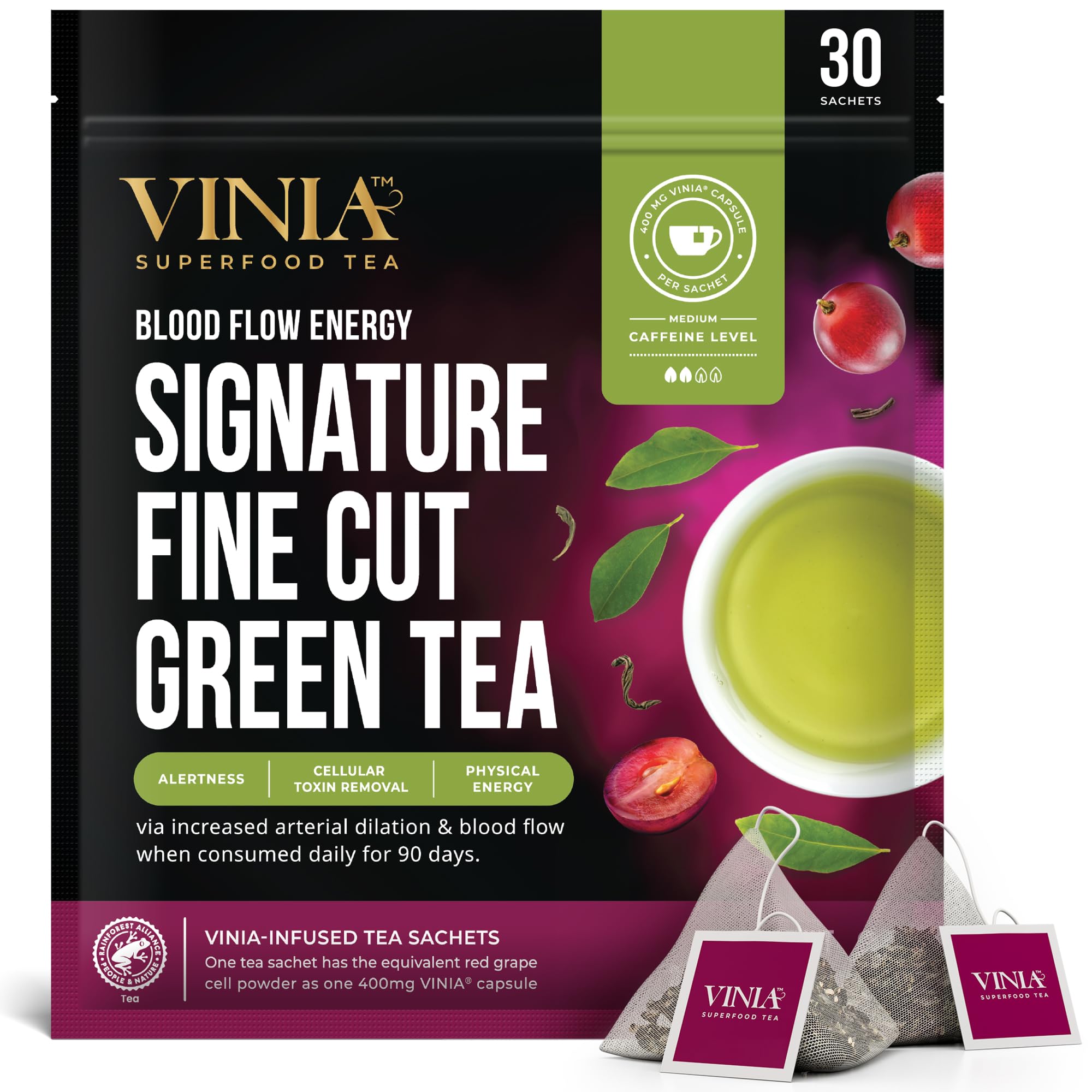 VINIA Blood Flow | Green Tea with Red Grape Piceid Resveratrol | 30 Ct Green Tea 30 Tea Bags