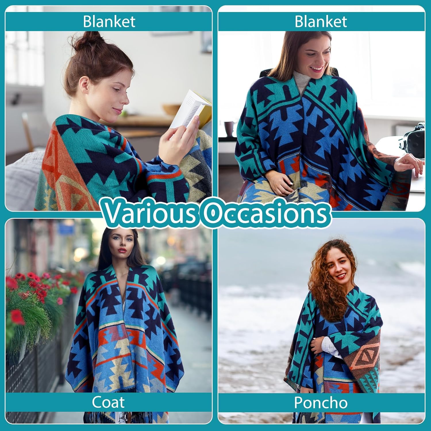 Women's Tassel Open Front Poncho Cape 51.2 x 61'' Reversible Winter Warm Shawl Wrap Printed Poncho Cardigan for Women - Image 7