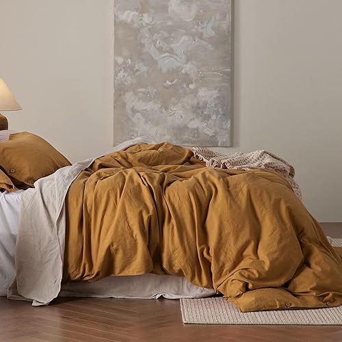 Miniatura 8 de Bedsure Juego de funda de edredón de lino tamaño Queen  Juego de funda de edredón de mezcla de algodón de lino, funda de edredón de lino miel y