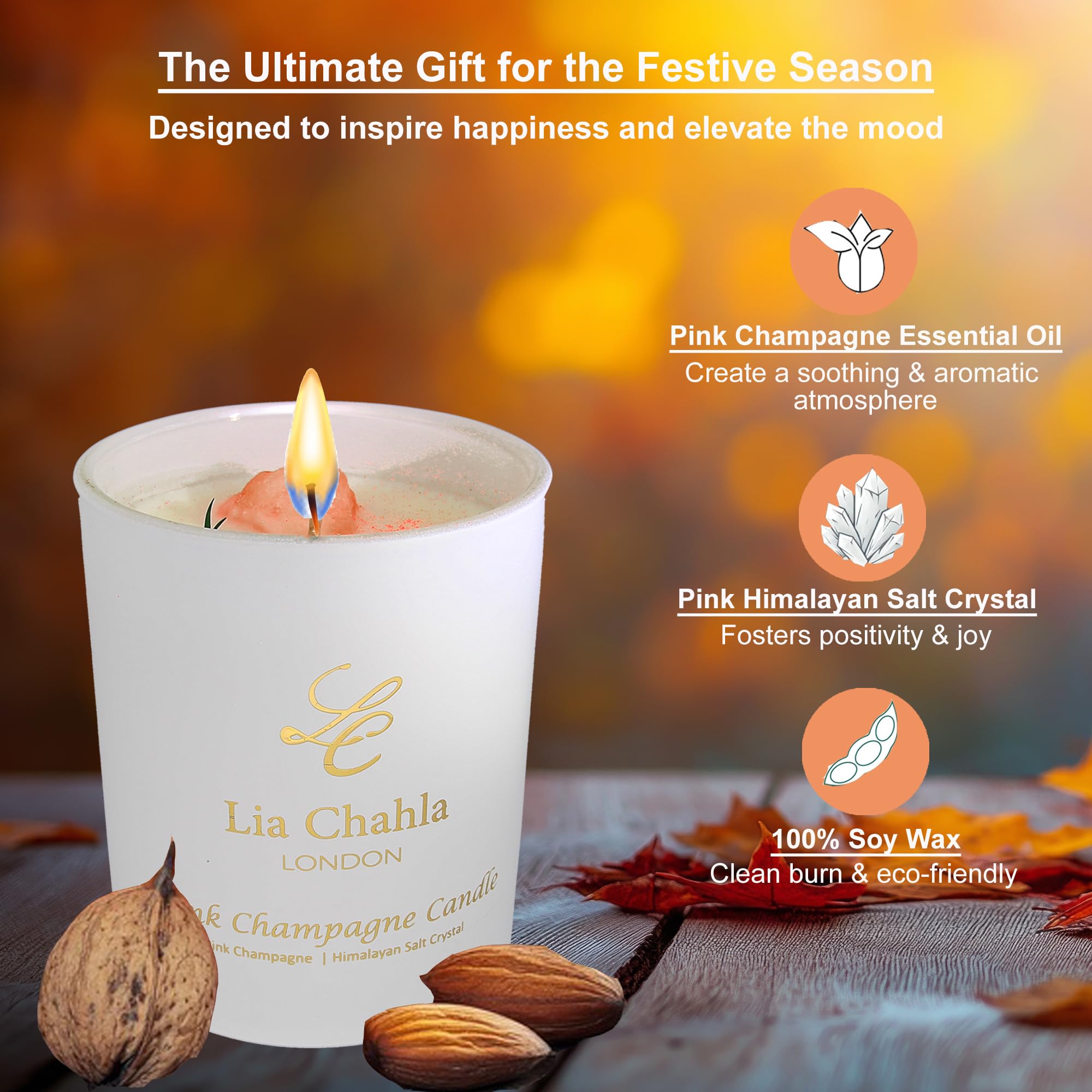 Lia Chahla London Pink Champagne Soy Candle with Himalayan Crystals, Luxury Aromatherapy Scented Candle - Image 4
