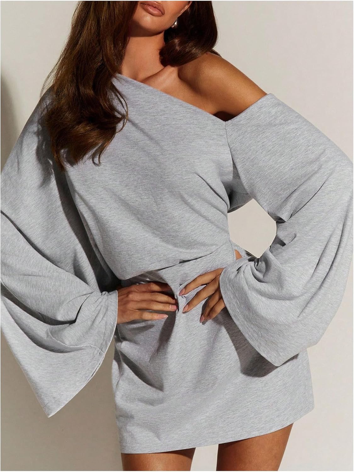 SOLY HUX Women's Asymmetrical Mini Dress Off The Shoulder Long Sleeve Casual Bodycon Dresses Pure Grey Large - Image 4