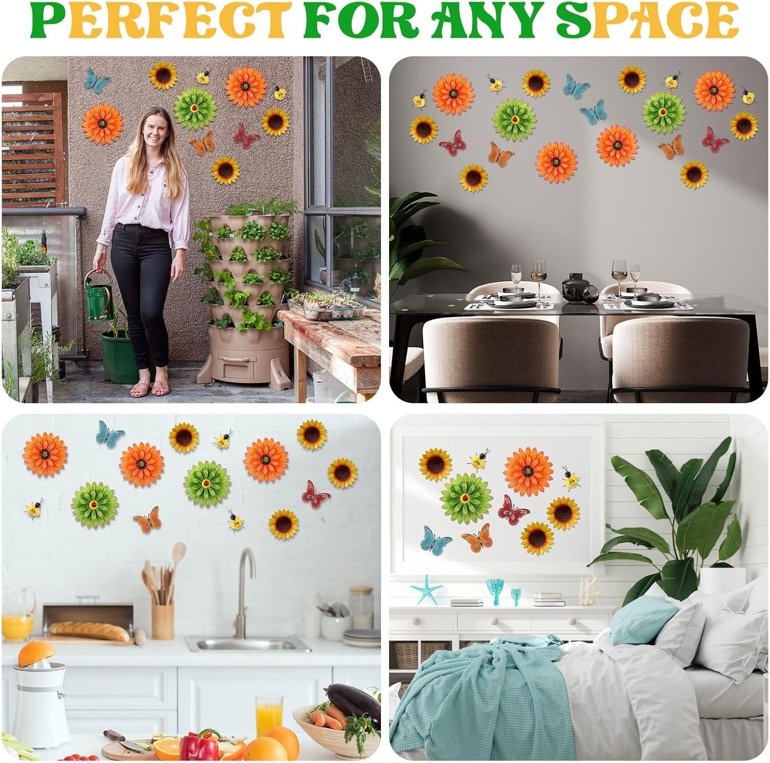 Therwen 10 Pcs Metal Wall Art Decor Metal Sunflower Bee Butterfly Backyard Decorations Hanging Sunflower Kitchen Bathroom Decor for Indoor, Outdoor, Living Room, Bedroom