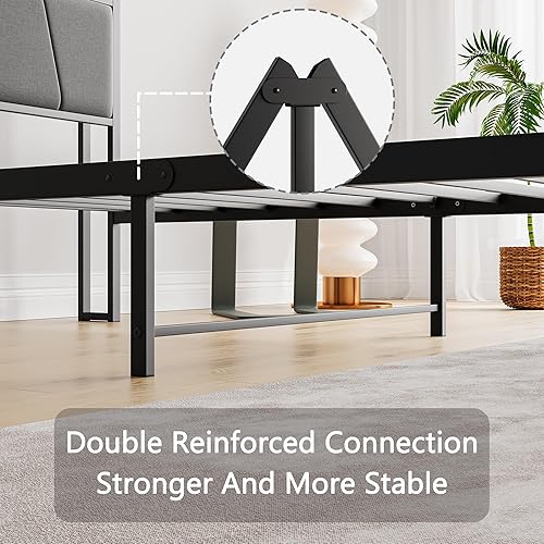 Miniatura 8 de BOFENG Base de cama individual con cabecera de almacenamientoestación de carga, base de cama tapizada de metal resistente, tamaño individual, no