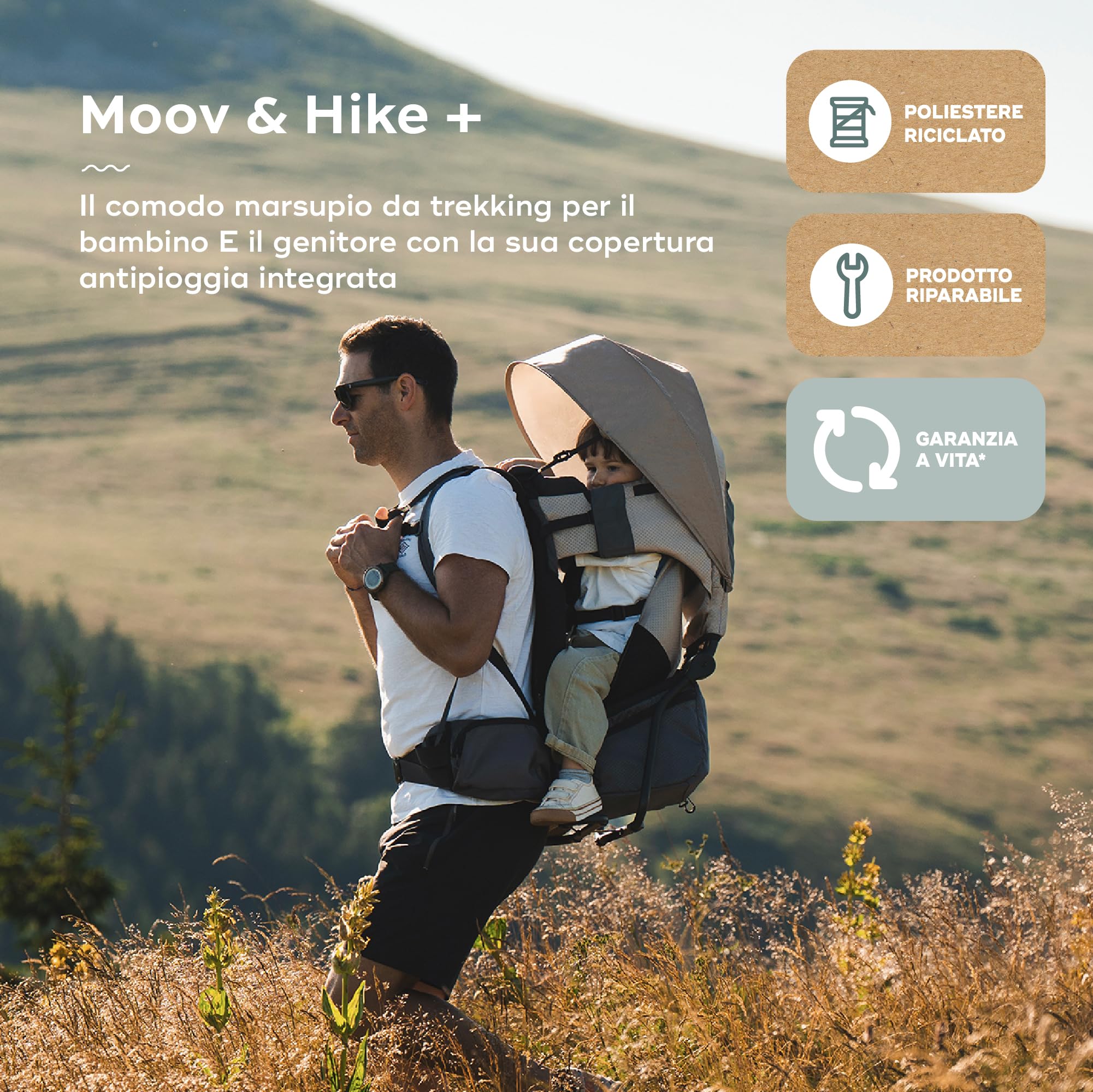 Babymoov Zaino Porta Bambino Trekking Moov&Hike + Copertura Pioggia | Parasole Anti-UV 50+, Ergonomico per Genitore e Bimbo - Regolabile - Borsa Isotermica 10L - Garanzia a Vita