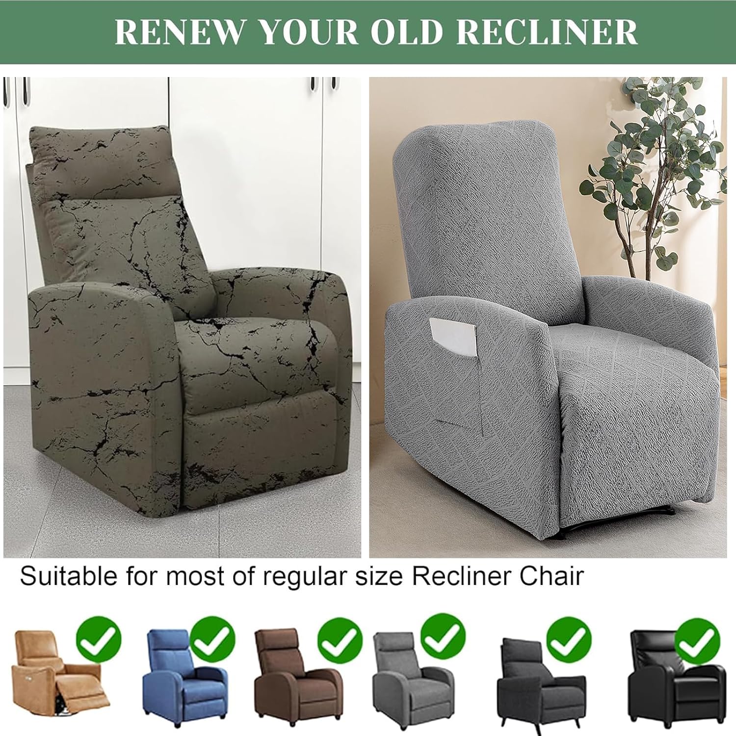 Recliner Chair Covers 4 Pieces Jacquard Small Recliner Sofa Slipcover Stretch Recliner Slipcover for Lazyboy Recliner Chair with Storage Pocket Furniture Protector for Living Room,Light Grey