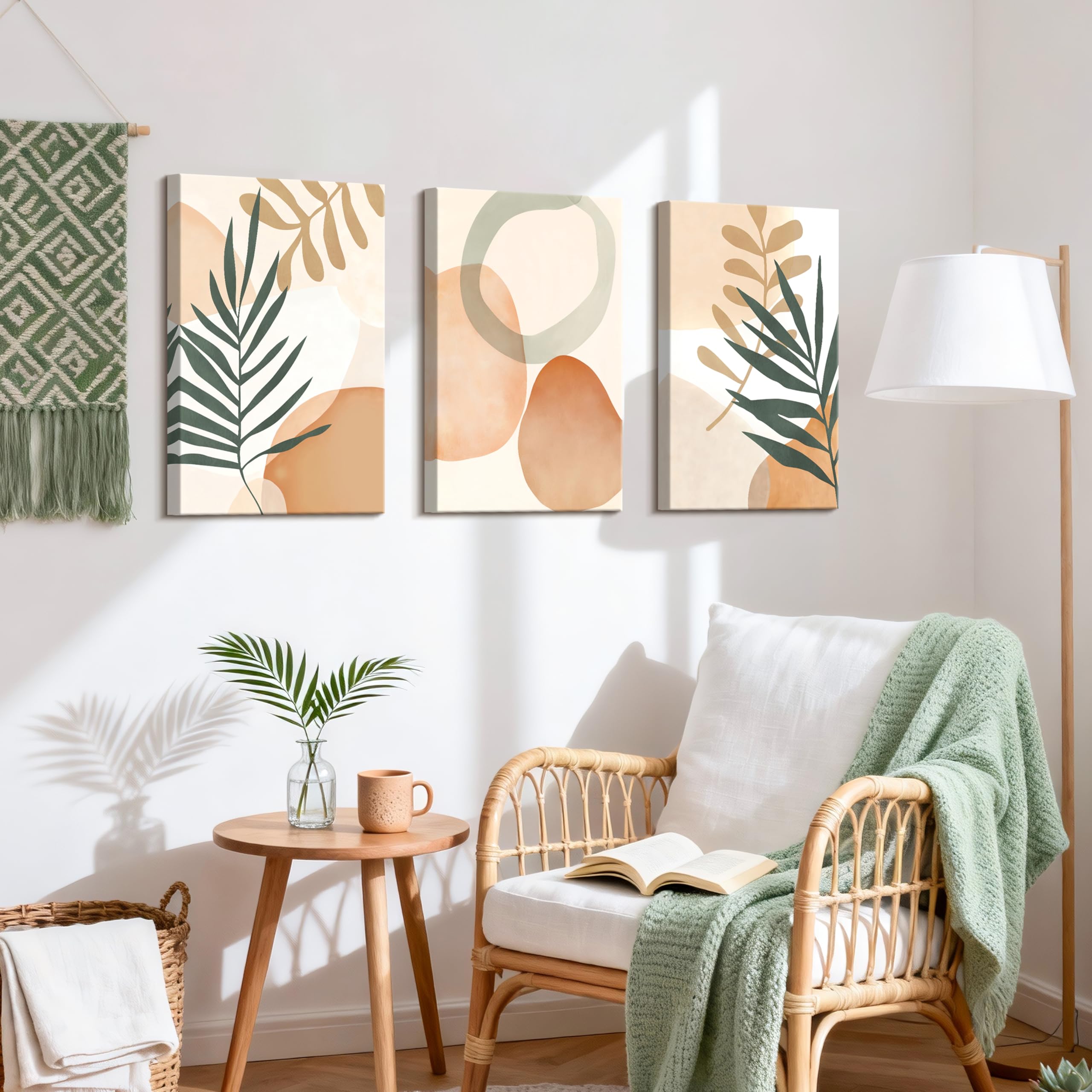 3 Pcs Wooden Framed Canvas Wall Art Set Bohemian Sage Green Canvas Prints Poster Geometric Line Beige Green Pictures for Living Room Bedroom Dinning Room Hallway Stairs Wall Decor 30x40cm x3pcs — view 428