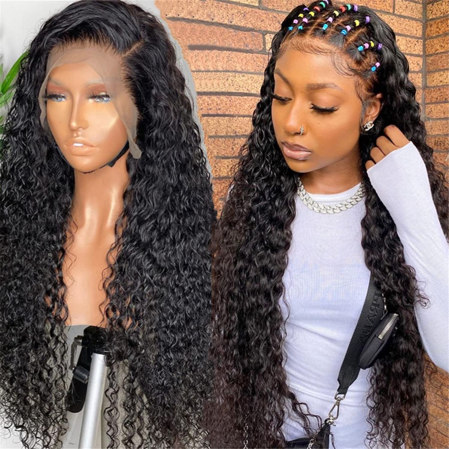 Deep Wave 13x4x1 Lace Frontal Human Hair Wigs T Part Lace Front Brazilian Virgin Human Hair 150% Density with Baby Hair Natural Color for Black Women（24 Inch）