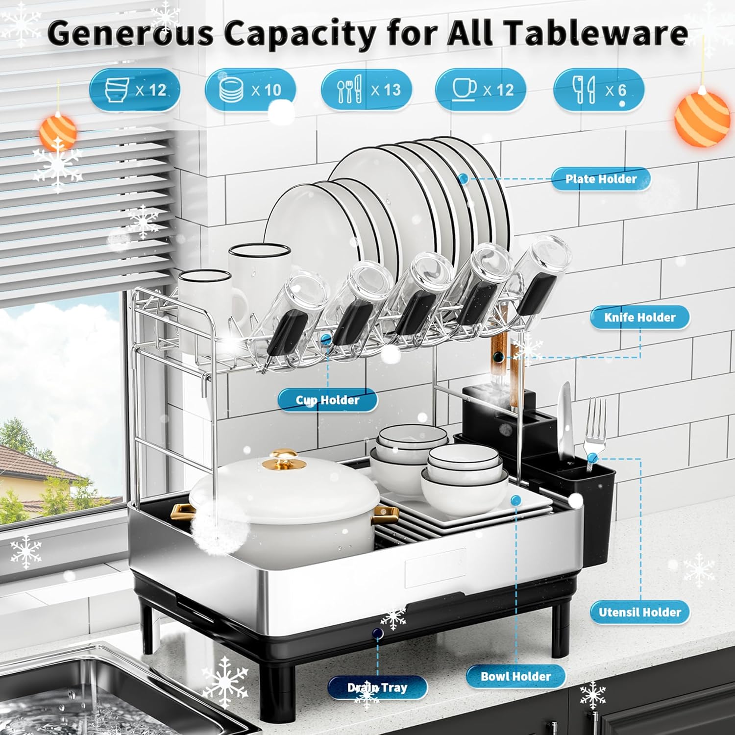 Ewaiira Dish Drying Rack, 2 Tier Large Dish Rack, Stainless Steel Dish Drainer for Kitchen Counter, Dishes Rack with Automatic Drainage, Utensil Holder,Cups Holder,Space Saving Kitchen Organizer,Black