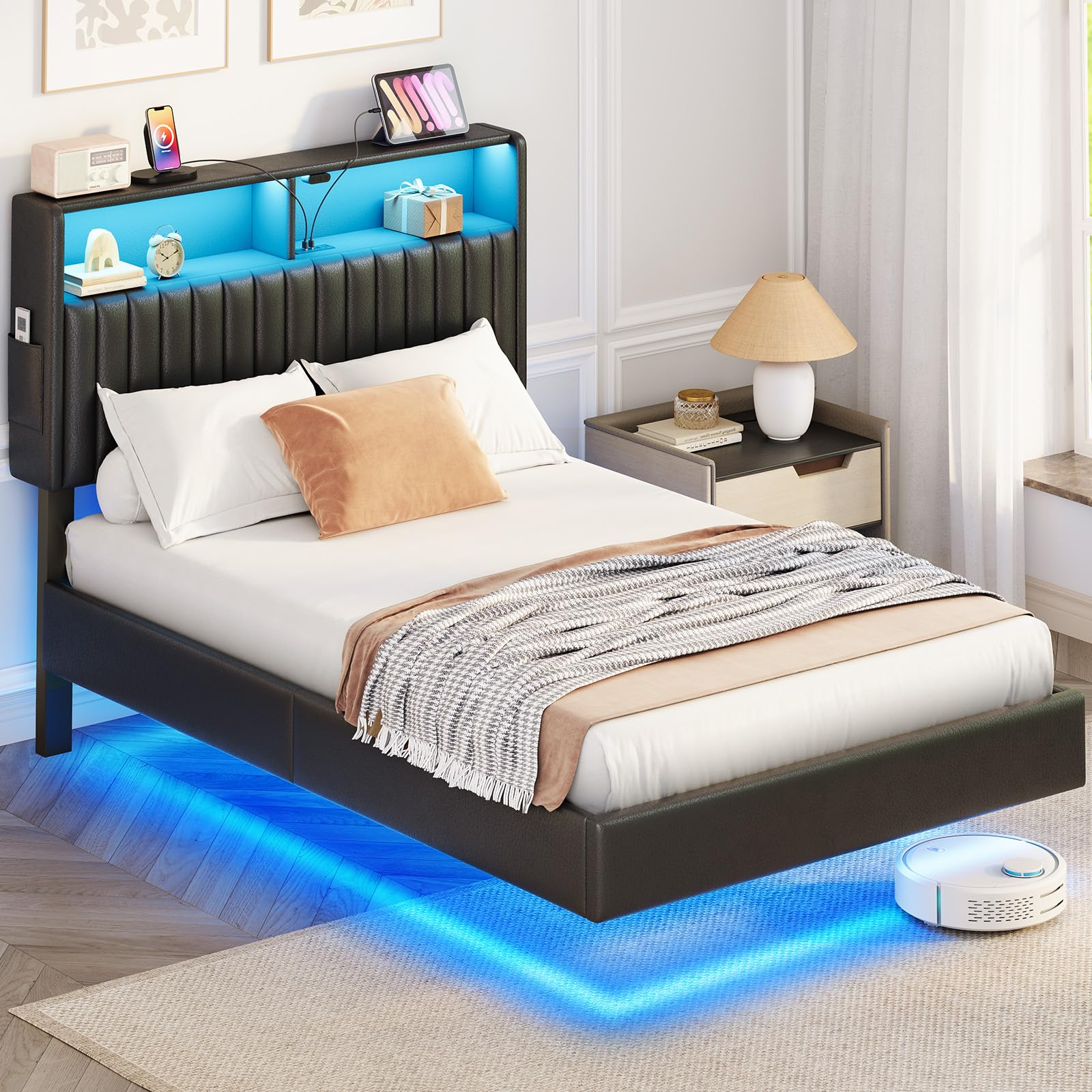 Seventable Metallbett 90x200 cm mit LED-Beleuchtung, inkl. Lattenrost, Schwebendes Design, Stabil & Robust, Einfache Montage, Schwarz – Ohne Matratze