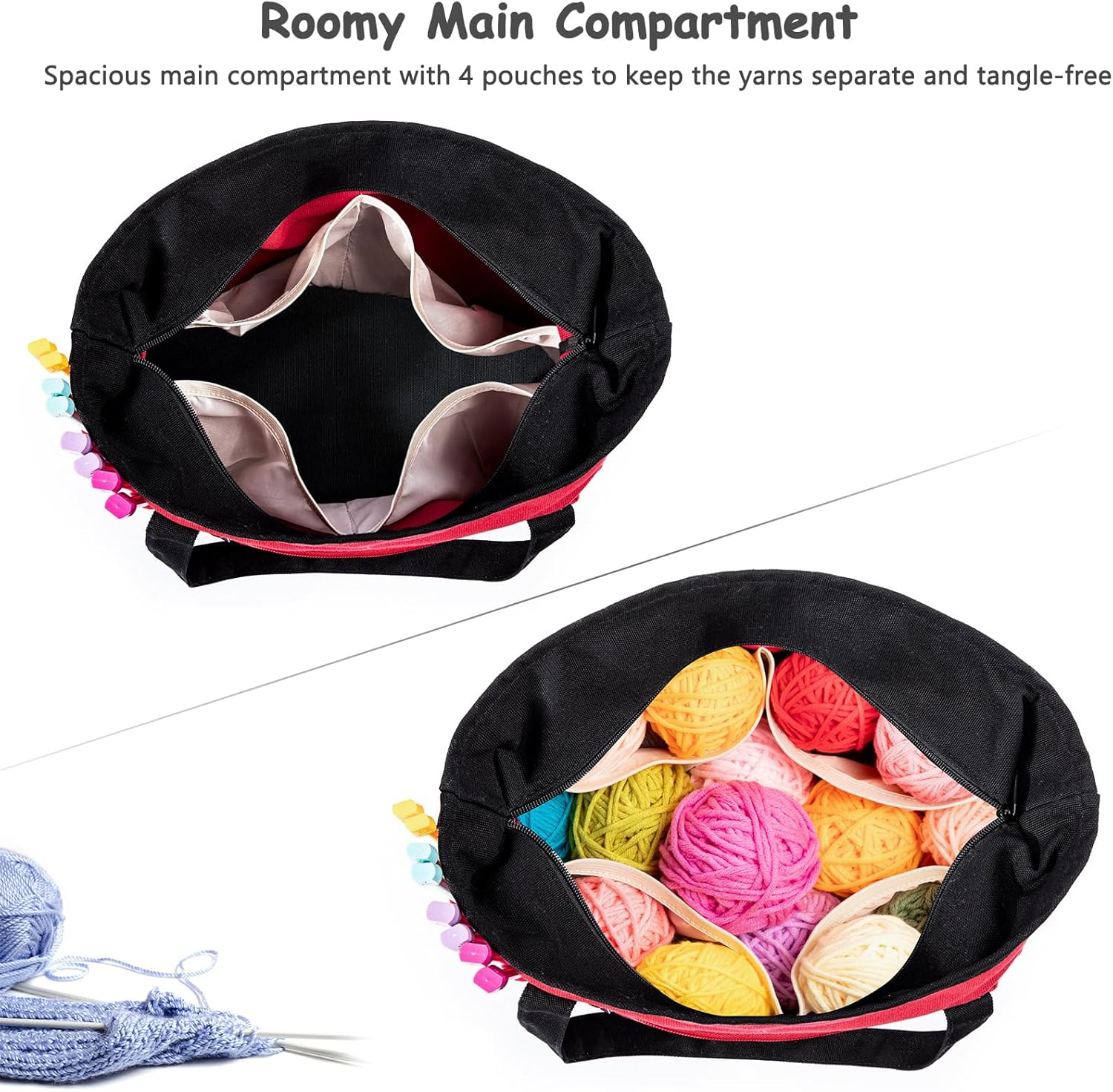 Canvas Yarn Storage Organizer Bag Washable Crochet Bag with Pockets for Yarn, Hooks, Needles – Travel Knitting Tote for Crafters – Gift for Crocheters & Knitters (Medium/Large)