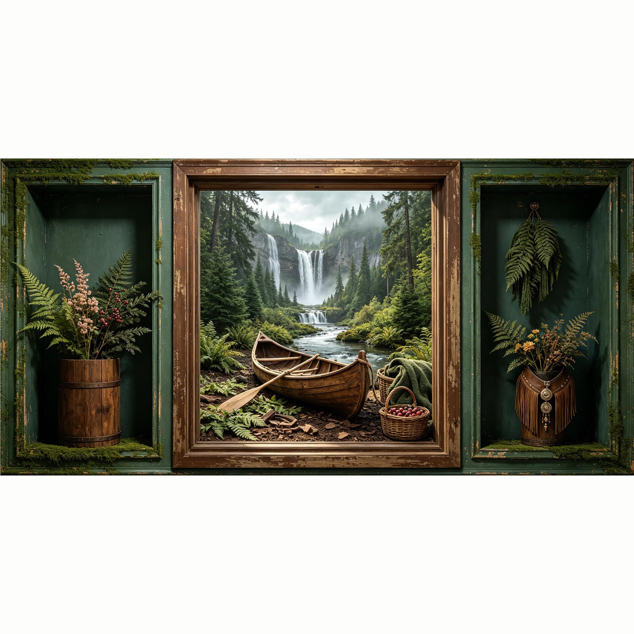 QZLITHOTIC 50x100cm 3D Framed Wall Art， Waterfall Landscape Canoe Forest Self‑Adhesive Mural， Water‑Activated Peel & Stick Fabric Decor Wall Decal for Bedroom Living Room