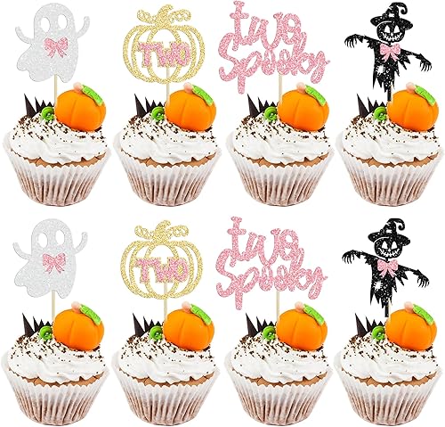 Gyufise 24 piezas de Halloween dos decoraciones espeluznantes para cupcakes con purpurina rosa, fantasma, calabaza, cupcakes, decoraciones