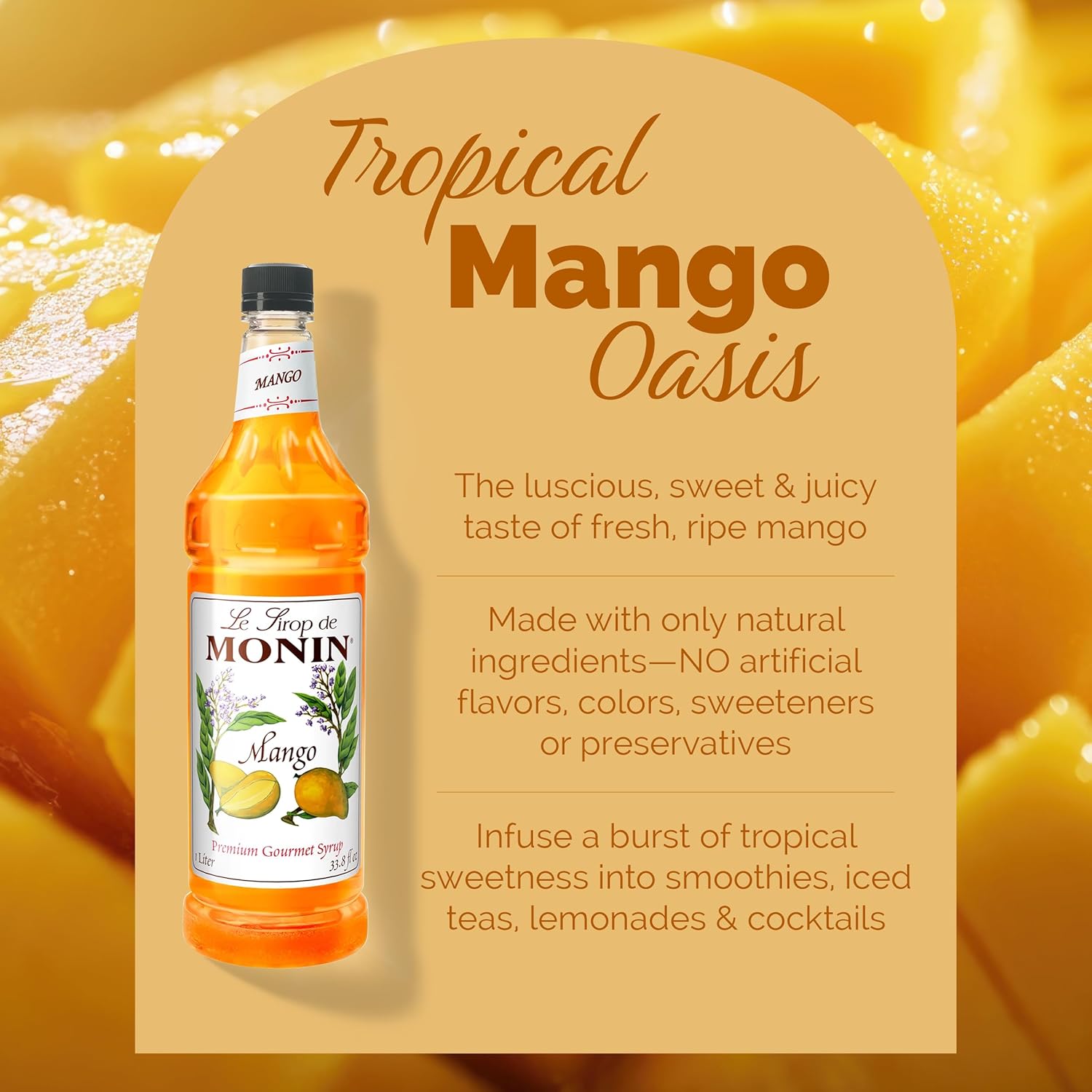 Monin - Mango Syrup, Tropical and Sweet, Great for Cocktails, Sodas, and Lemonades, Gluten-Free, Non-GMO (1 Liter, 2-Pack)