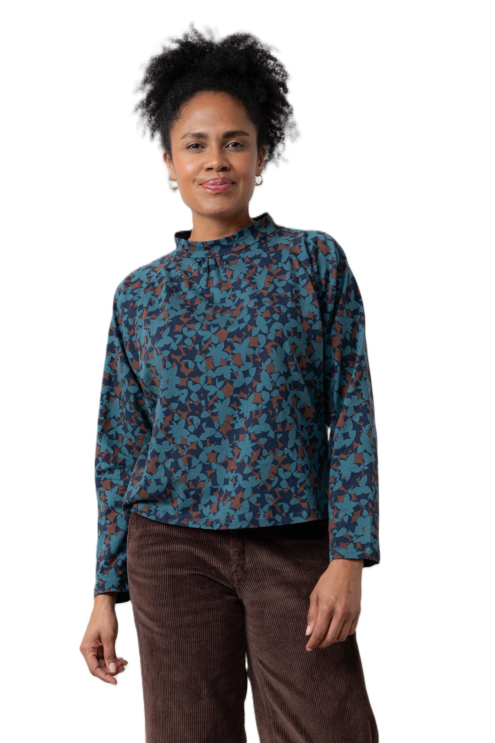 Lily & Me Bayberry Printed Cotton Jersey High Neck Top Navy Size 14
