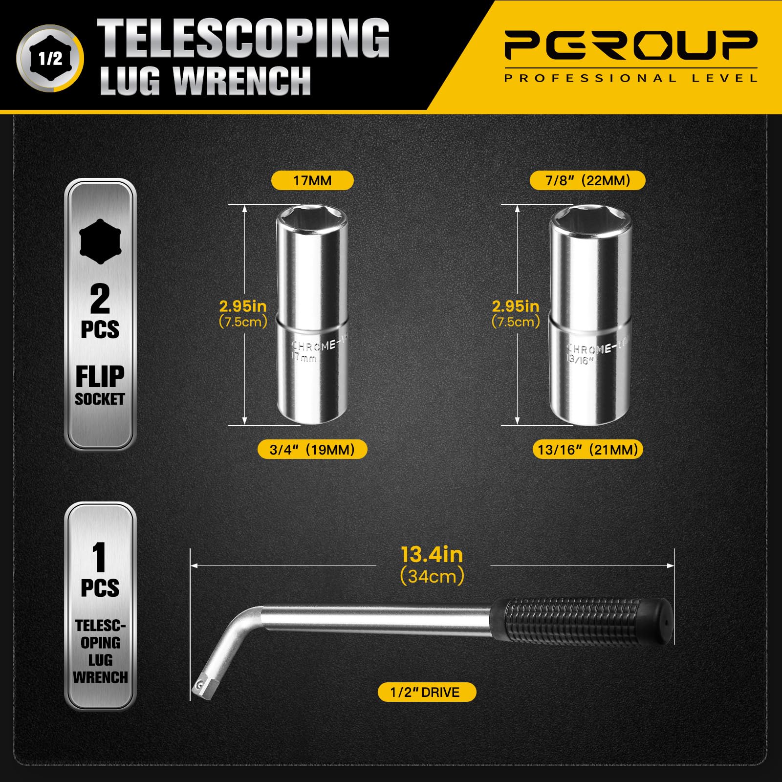 pgroup Telescoping Lug Wrench, Extended Lug Wheel Wrench with 17mm/19mm(3/4”), 21mm(13/16”)/22mm(7/8”) Chrome Vanadium Steel Sockets for Car, Truck, Vans