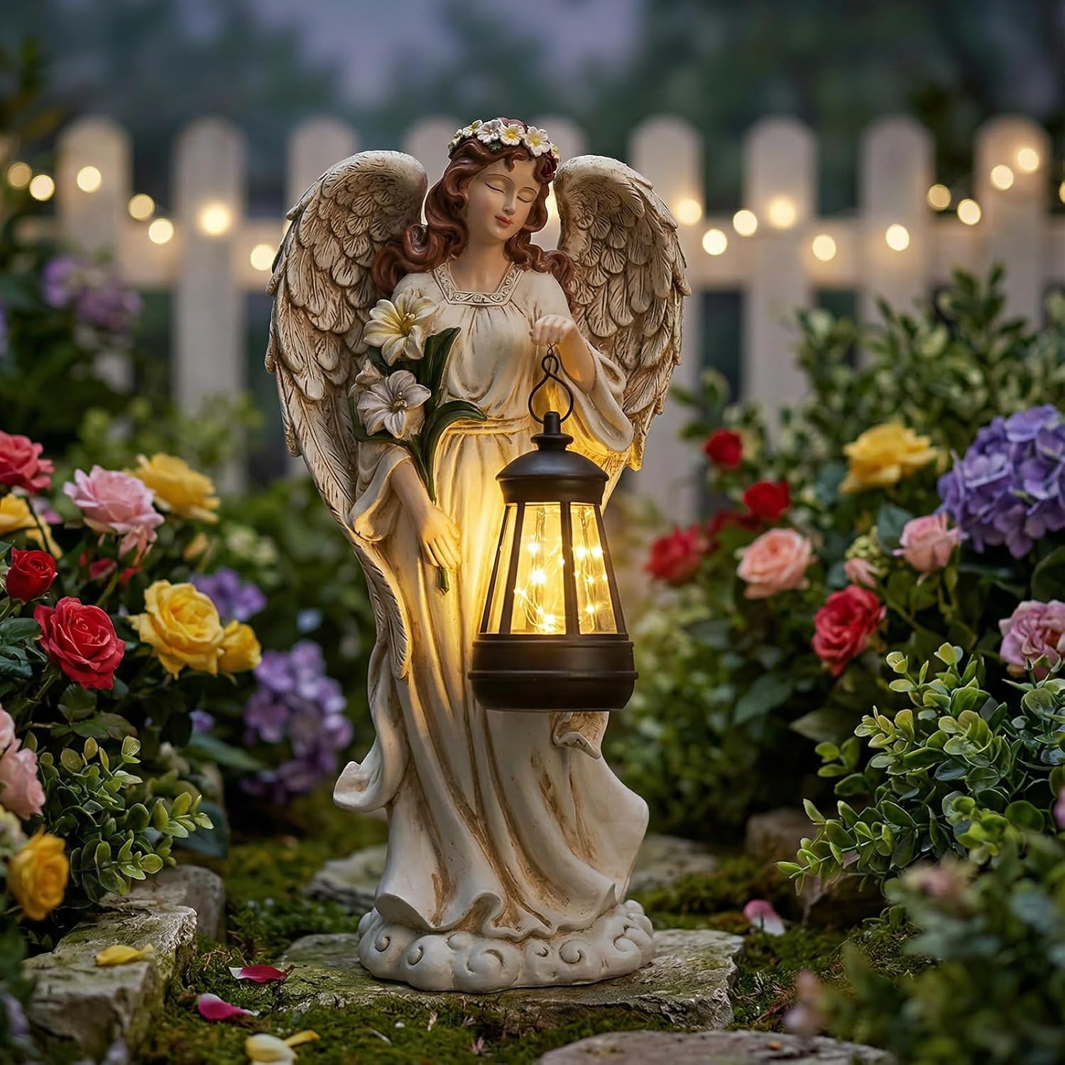 Solar Angel Outdoor Decor Garden Statues – 13.2 inches Angel Figurines Outdoor Sculptures with Solar Lantern for Outside Yard Art Patio Balcony Front Lawn Ornaments Gifts for Mom Grandma Women